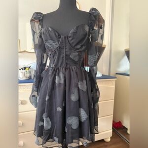 For Love & Lemons Alexandra Long Sleeve Mini Dress Black Hearts NWT